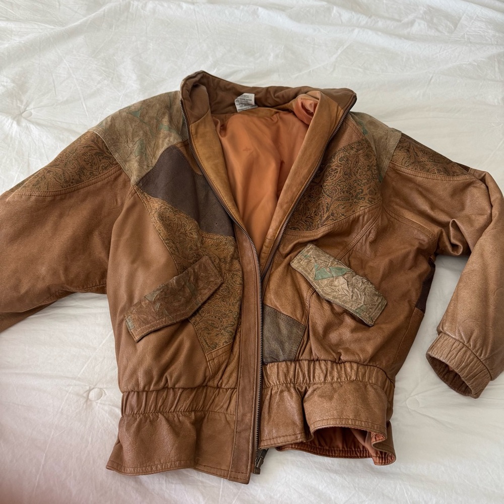 Brown Leather Jacket with Patchwork Design